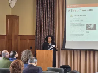Kimberly Sellers speaks in Duncker Hall